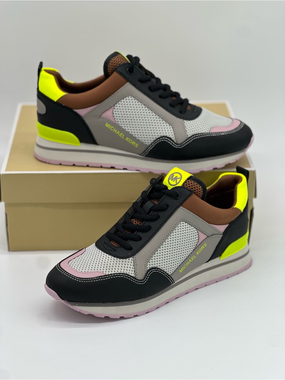 Michael Kors Women's Multi-Panel Sneakers - Black, Pink, Neon Yellow - Picture 9 of 10